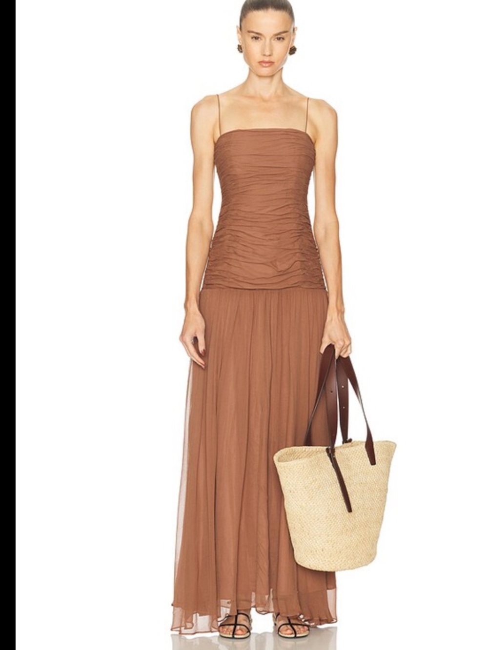 STAUD Ramona Ruched Maxi Dress Damask Pink Romantic Minimalist Slip Evening 6